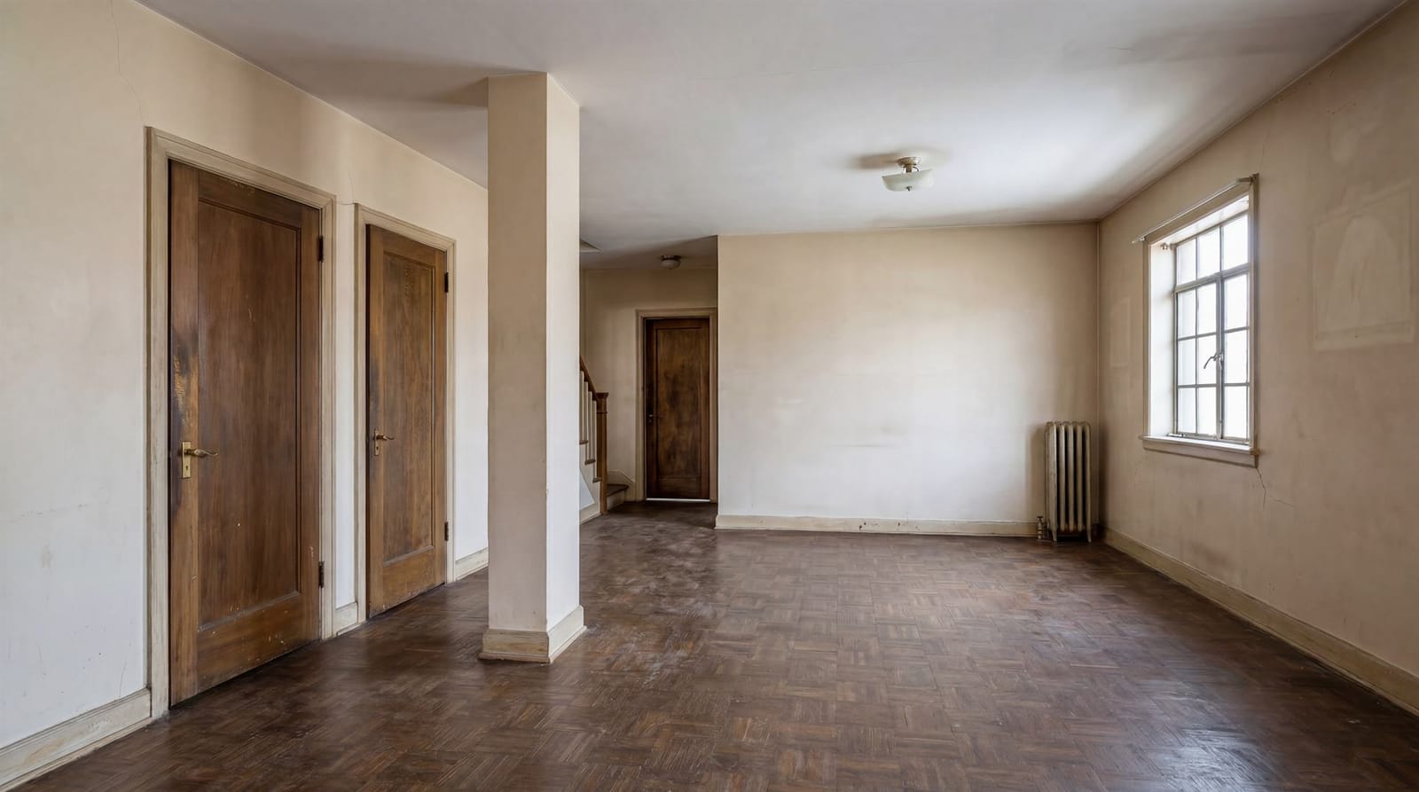 Salón antes de la reforma, con parqué oscuro y puertas de madera